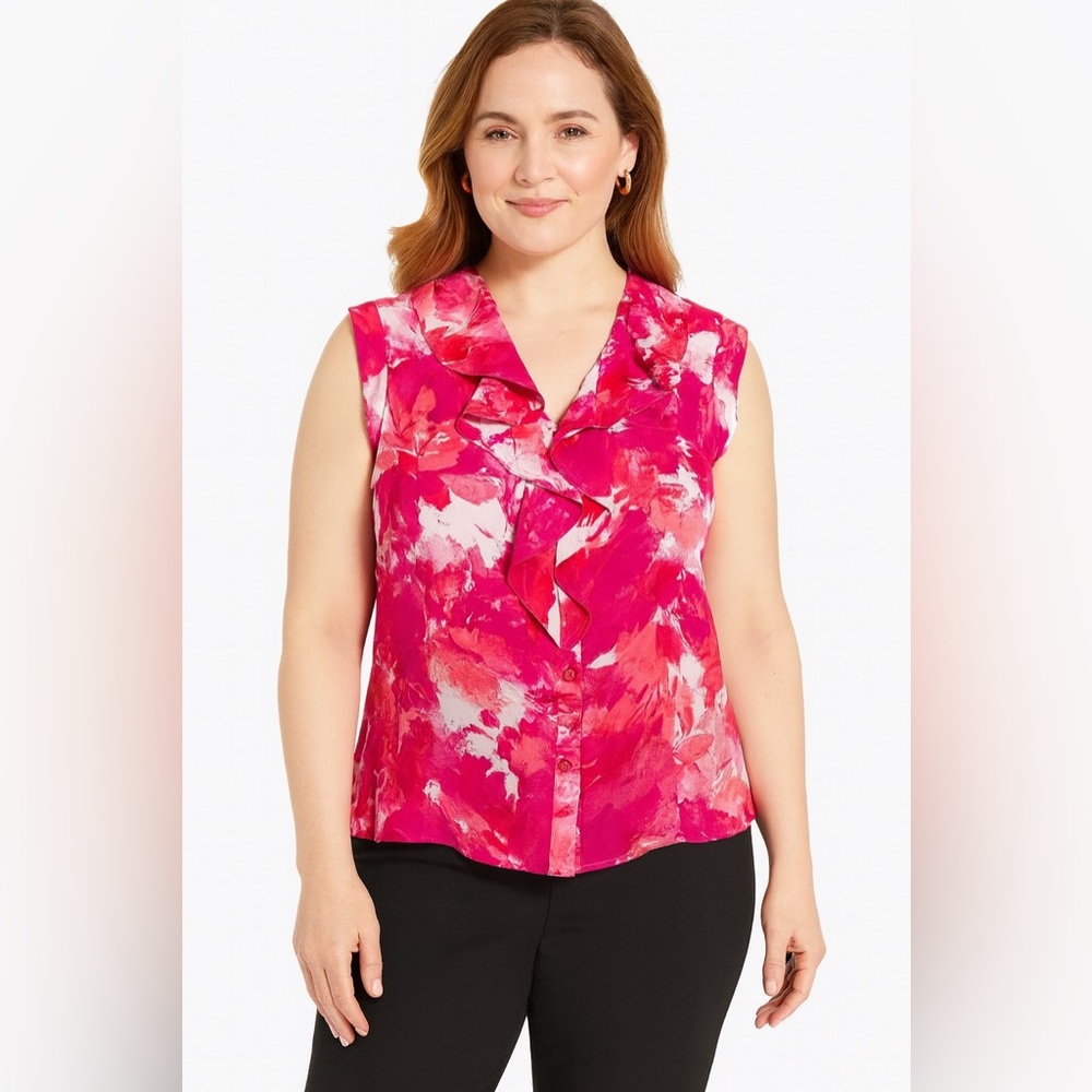 Jones New York Pink and Red Ruffled Cap Sleeve Blouse